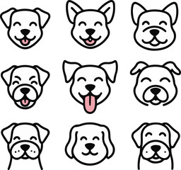 Multiple dog expressions set, happy, curious, playful, calm, thin and thick line mix, white background, simple outline icons, pet emotion pack