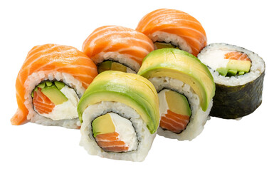 Assorted Sushi Rolls with Salmon and Avocado on Black Background Keywords: isolate on transparent background