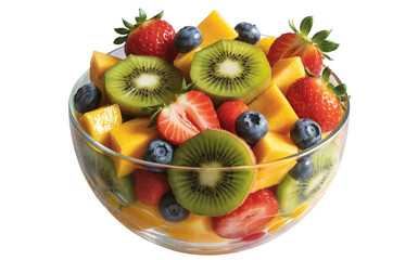 Fresh Fruit Salad in Glass Bowl with Strawberries Blueberries and Kiwi isolate on transparent background