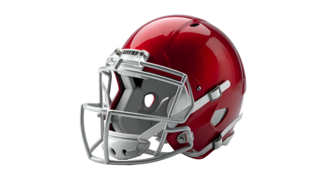 A glossy, red American football helmet with a silver facemask, set against black