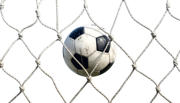 A close-up of a soccer ball nestled inside the net, against a blurred black background - Powered by Adobe