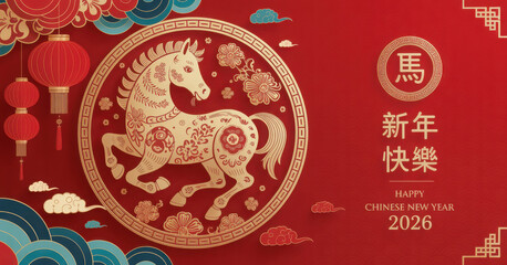 Happy Chinese new year 2026. Horse zodiac sign on red background. Asian elements with craft paper cut style lantern flower clouds. Translation Happy new year, Year of the horse.