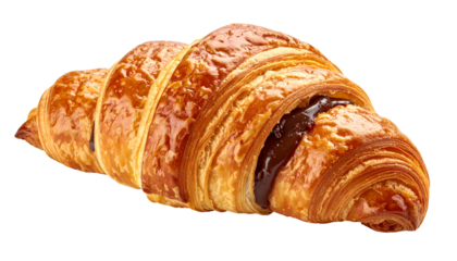 A golden, flaky croissant filled with dark chocolate, isolated on a transparent background