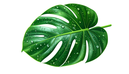 Close-up of a vibrant, glossy, split-leaf philodendron leaf, glistening with water droplets