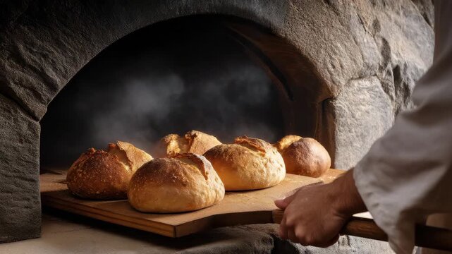 Freshly baked bread coming out of a stone oven