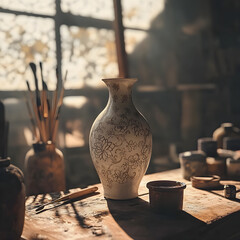 Exquisite Handcrafted Ceraic Vase Surrounded by Artit Tools in Sunlit Studio