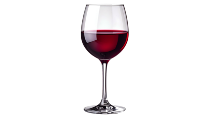 A crystal wine glass holds rich red liquid against a black background
