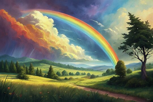 Vibrant rainbow arches over lush green rolling hills