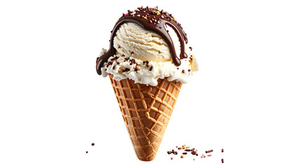 Vanilla ice cream with chocolate sauce and sprinkles in a waffle cone on black