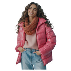 Young woman wearing pink puffer jacket and knitted scarf
