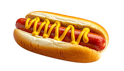 Close-up of a hot dog on a bun with mustard. Isolated on a black background
