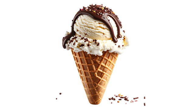 Vanilla ice cream with chocolate sauce and sprinkles in a waffle cone on black