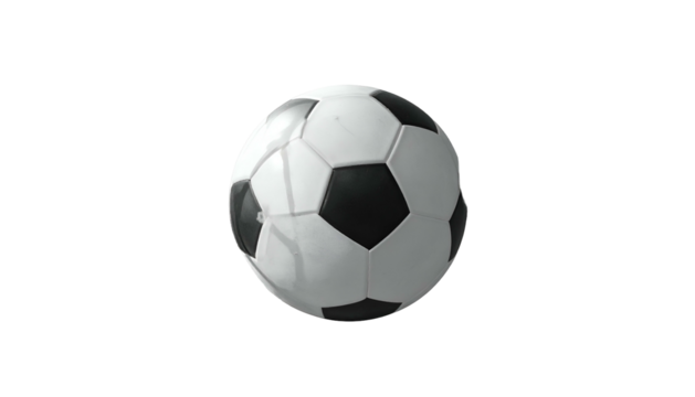 A classic black and white soccer ball floats in the darkness, lit with subtle highlights