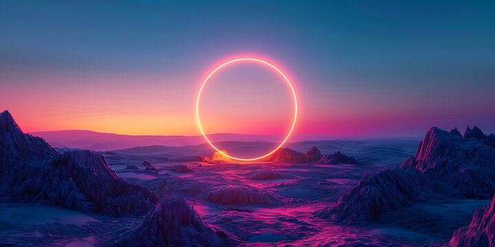 Surreal landscape with a luminous circle portal