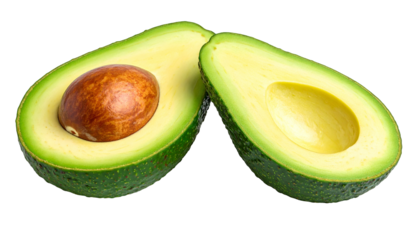 A halved avocado showcasing the creamy, light green flesh and a single, brown seed