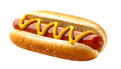 Isolated image of a hotdog in a sesame seed bun, with yellow mustard squiggles