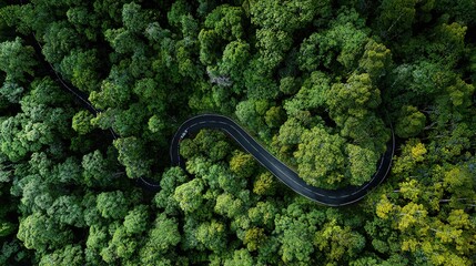 Aerial View of a Winding Road Cutting Through Lush Untouched Woodland Scenic Nature Landscape Vibrant Green Environment Bird's Eye Perspective Tranquil Wilderness Experience