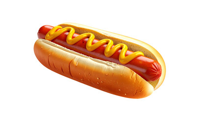 A photorealistic hot dog on a bun, with mustard topping, on a transparent black background