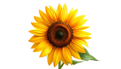 Fototapeta premium A vibrant sunflower with golden petals, dark center, and a single green leaf isolated