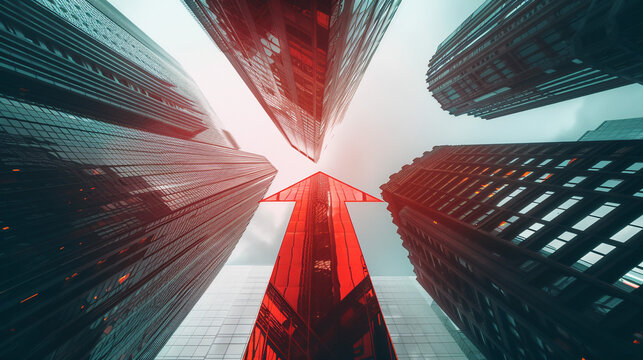 Option 1 (Focus on upward movement and aspiration): "Ascending to New Heights: A striking low-angle view of modern skyscrapers converging towards a bold red arrow, symbolizing growth, ambition, and a