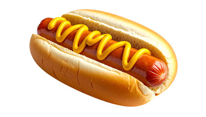 Isolated overhead shot of a classic hot dog with mustard on a soft, fluffy bun