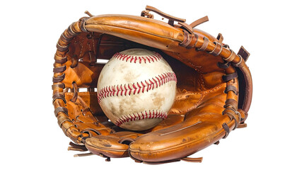 Leather baseball glove cradling a well-worn baseball with red stitching