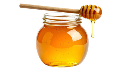 A jar of golden honey with a wooden dipper dripping, against a black background