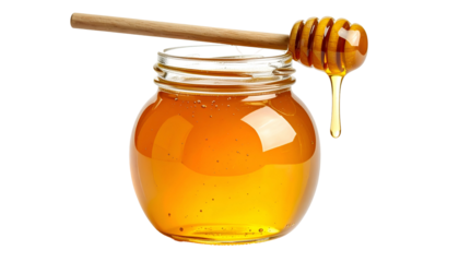 A jar of golden honey with a wooden dipper dripping, against a black background