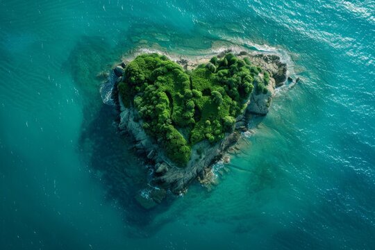 Lush vegetation covers a heart shaped island, creating a breathtaking contrast with the surrounding turquoise water