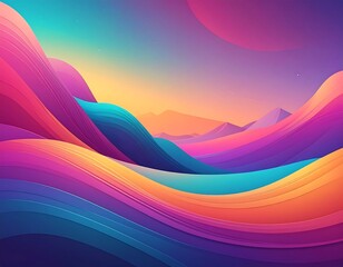 Abstract landscape with fluid waves of vibrant colors under a pastel sky