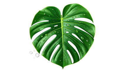 A detailed digital illustration of a split, green tropical leaf with water droplets on black background