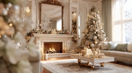 blurry view of an elegant living room decorated for christmas holiday