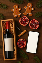 Christmas Mockup with Wine Bottle and Smartphone on Rustic Table