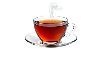 A clear teacup on a saucer holds dark tea, steam curls into a dragon's head