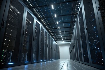 Rows of server racks in a modern data center hallway