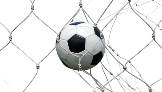 A soccer ball nestled in a net, against a black background. Close up and focused