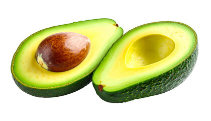 A halved avocado displaying the rich green flesh and large brown seed against black