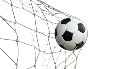 A close-up shot of a soccer ball nestled inside the white net of a goal