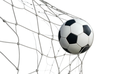 A close-up shot of a soccer ball nestled inside the white net of a goal