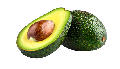 A sliced avocado revealing a creamy interior and seed, beside a whole fruit