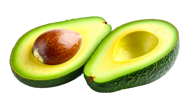 A halved avocado displaying the rich green flesh and large brown seed against black
