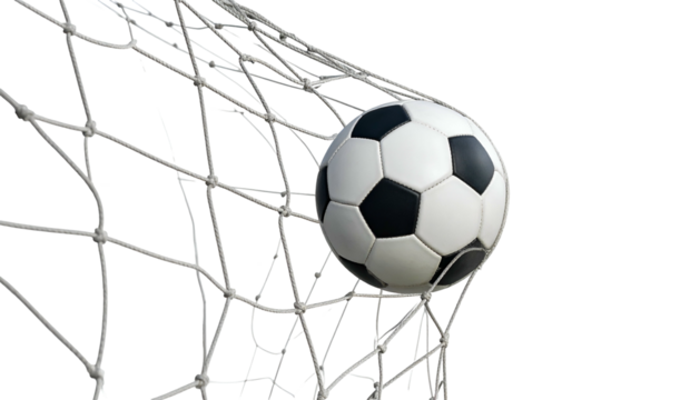 A close-up shot of a soccer ball nestled inside the white net of a goal