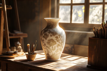 Exquisite Handcrafted Ceraic Vase Surrounded by Artit Tools in Sunlit Studio