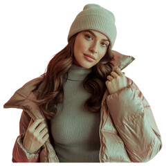 Young woman in warm beige beanie and puffer jacket studio shot