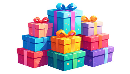 Cartoon image of brightly colored gift boxes stacked in a pile, bows on top