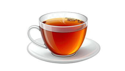 A steaming cup of tea, with a transparent glass, sits on a white saucer