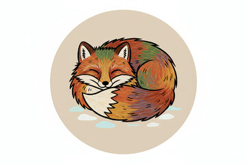Colorful sleeping fox curled up on light beige background New Year illustrations  