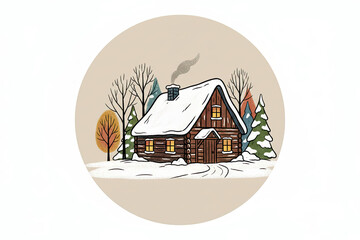 Cozy winter cabin with smoke rising from chimney among snow. New Year illustrations concept   