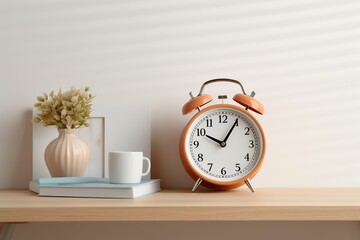 close-up clock on wooden shelf with white face and orange hands