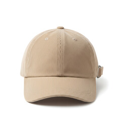 Front view of beige corduroy baseball cap on white background